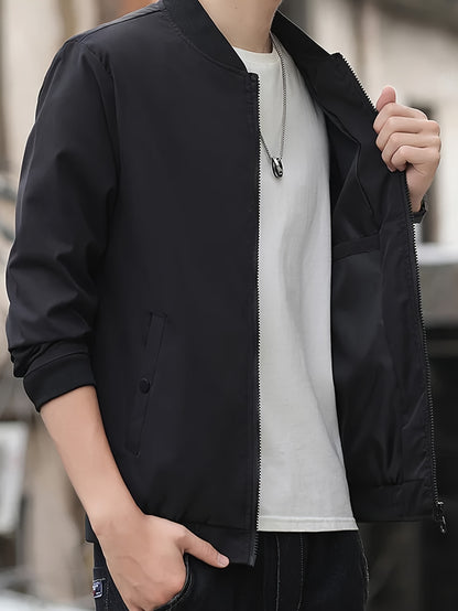 Men's Solid Band Collar Jacket For Spring Fall, Business Stylish Outwear For Work Day