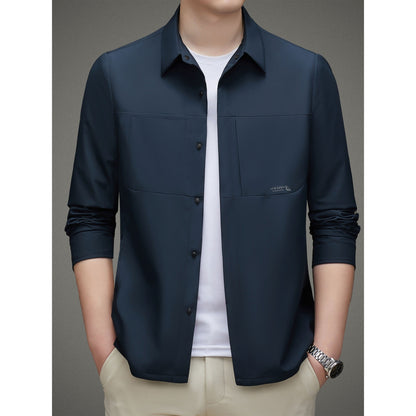 Men's Solid Jacket, Formal Lapel Zip Up Long Sleeve Outwear For Spring Fall