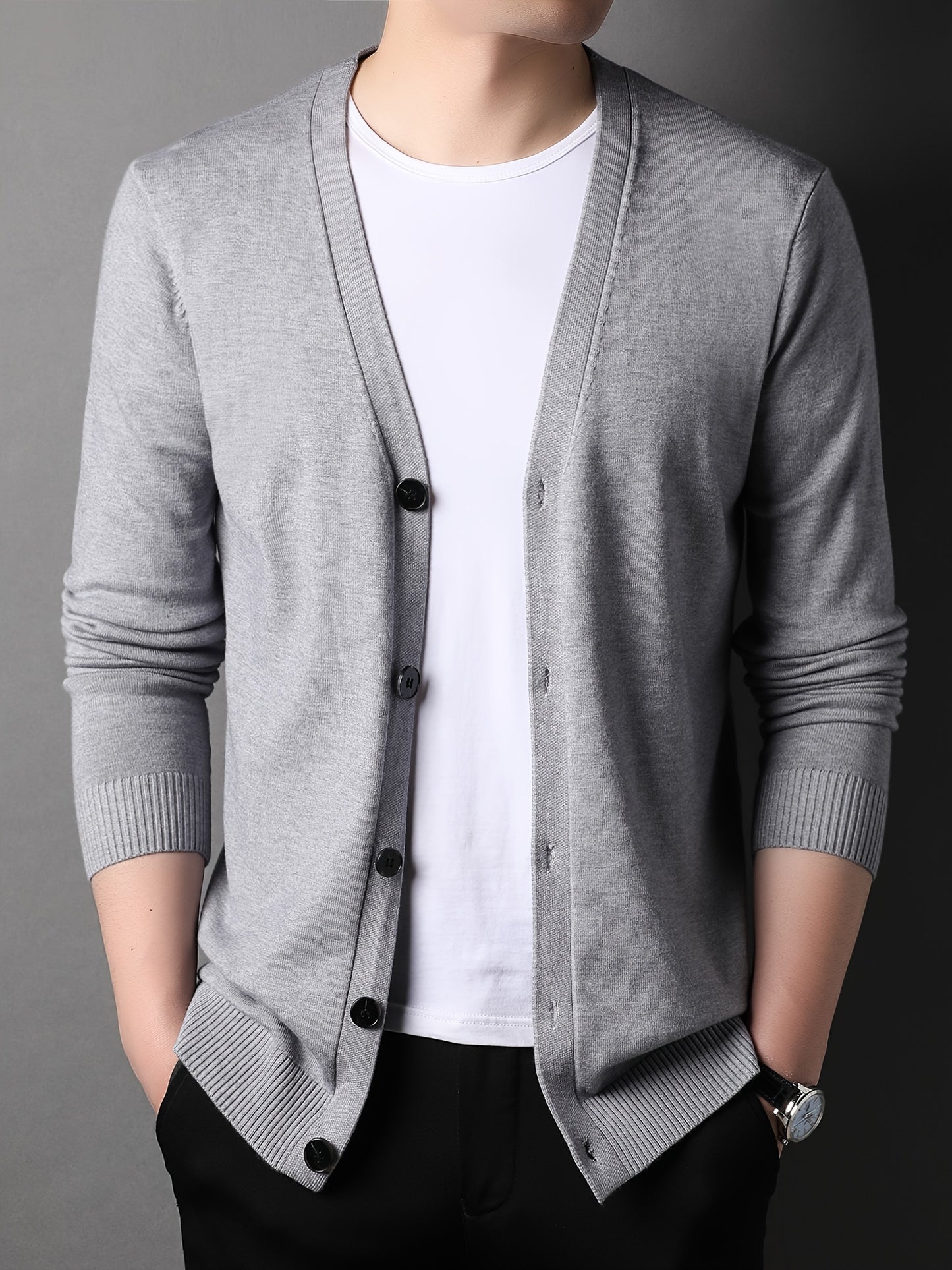 Men's Casual Knit Cardigan - Solid Color, Button-Up V-Neck Jacket For Fall/Winter, Machine Washable