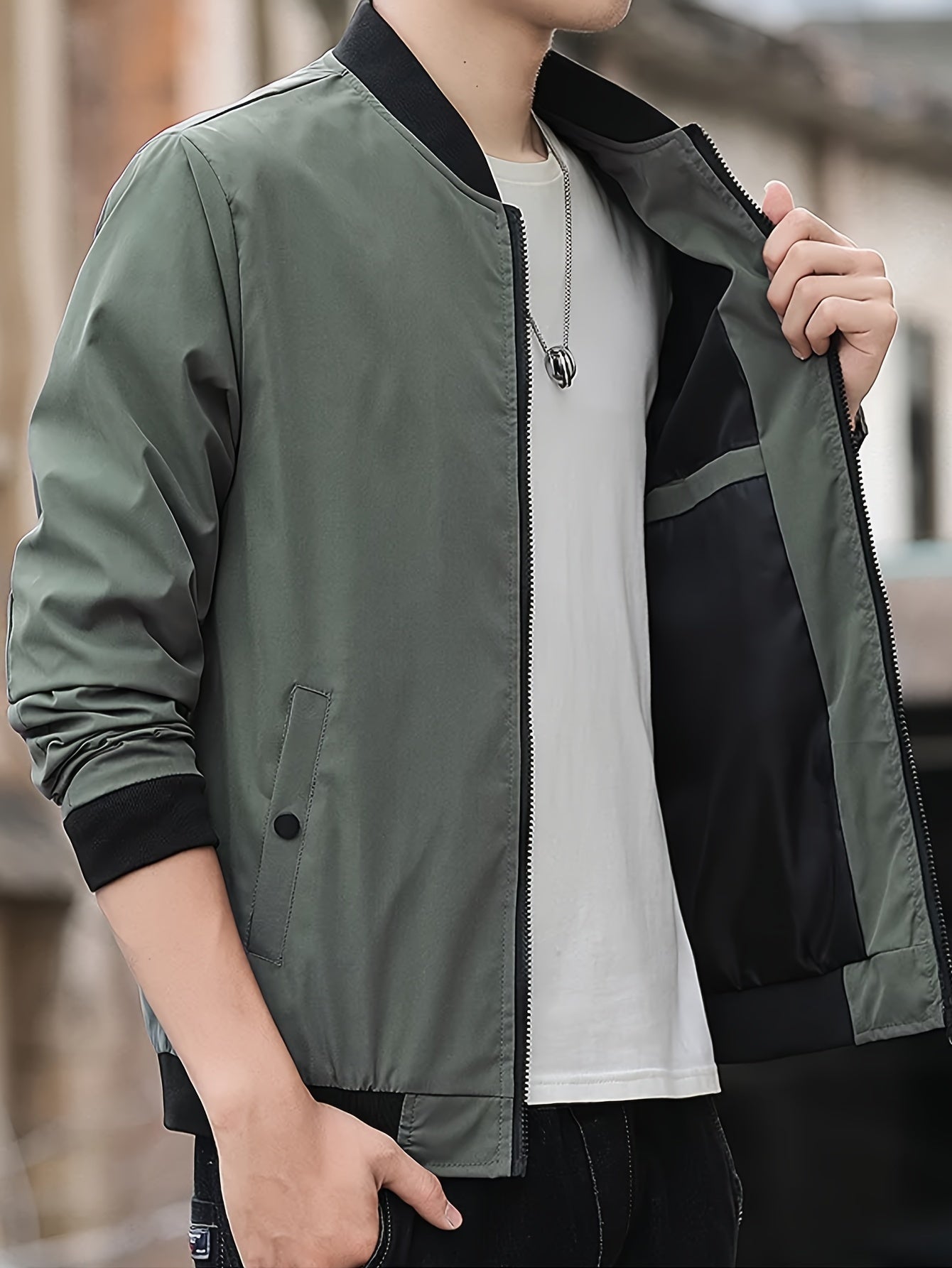 Men's Solid Band Collar Jacket For Spring Fall, Business Stylish Outwear For Work Day