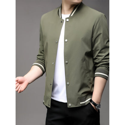 Solid Color Long Sleeve Button Down Jacket With Stripe Pattern Print Stand Collar