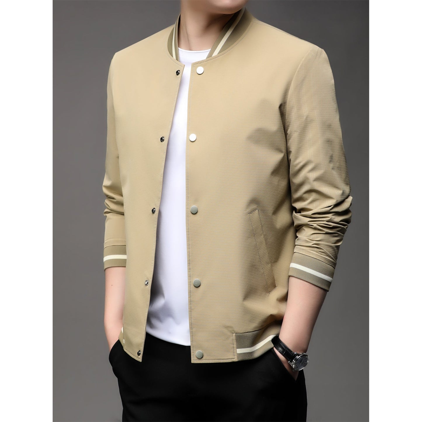 Solid Color Long Sleeve Button Down Jacket With Stripe Pattern Print Stand Collar