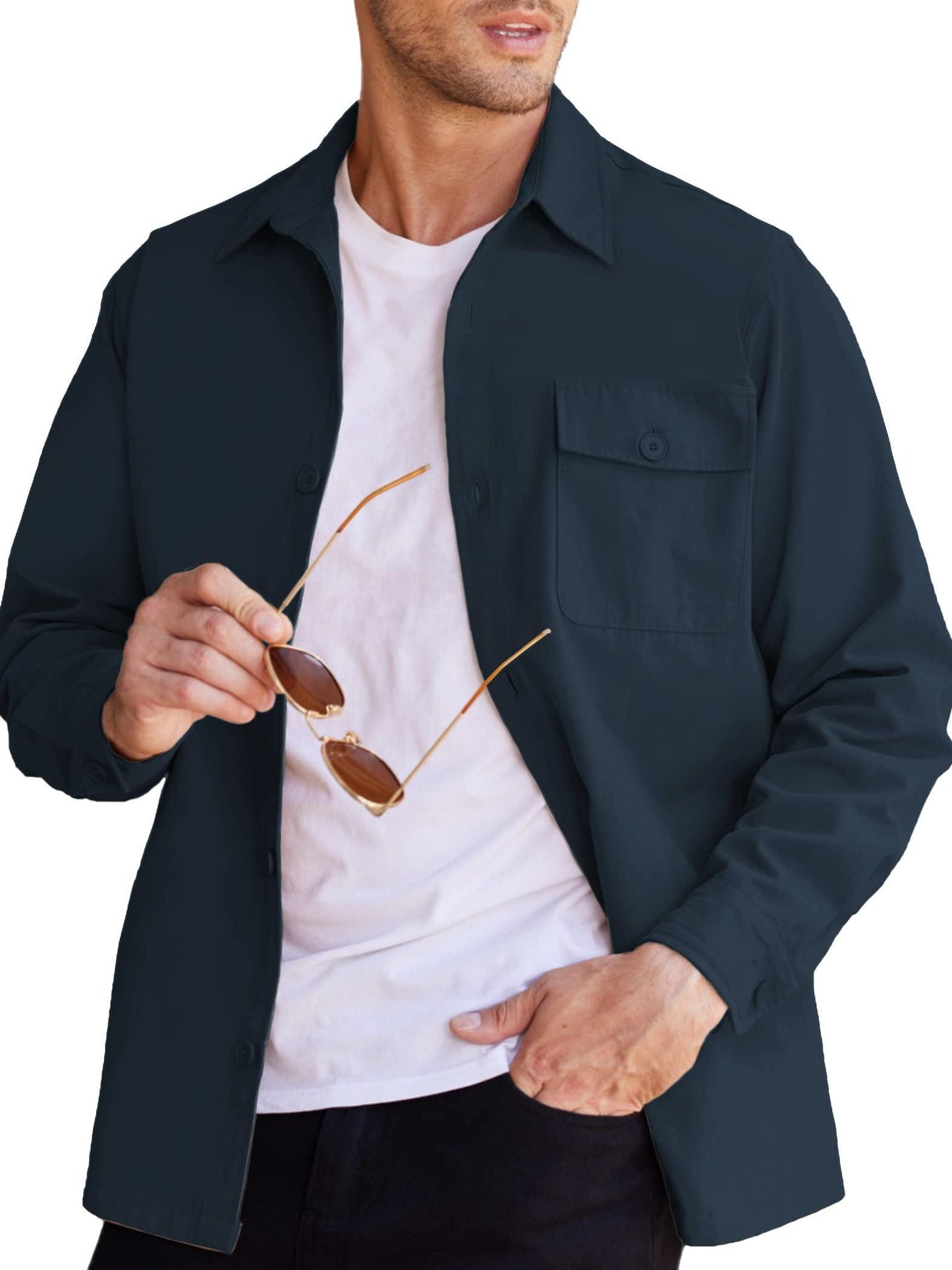 Men's Shirt Jacket Lightweight Canvas Trucker Jacket Cotton Button Work