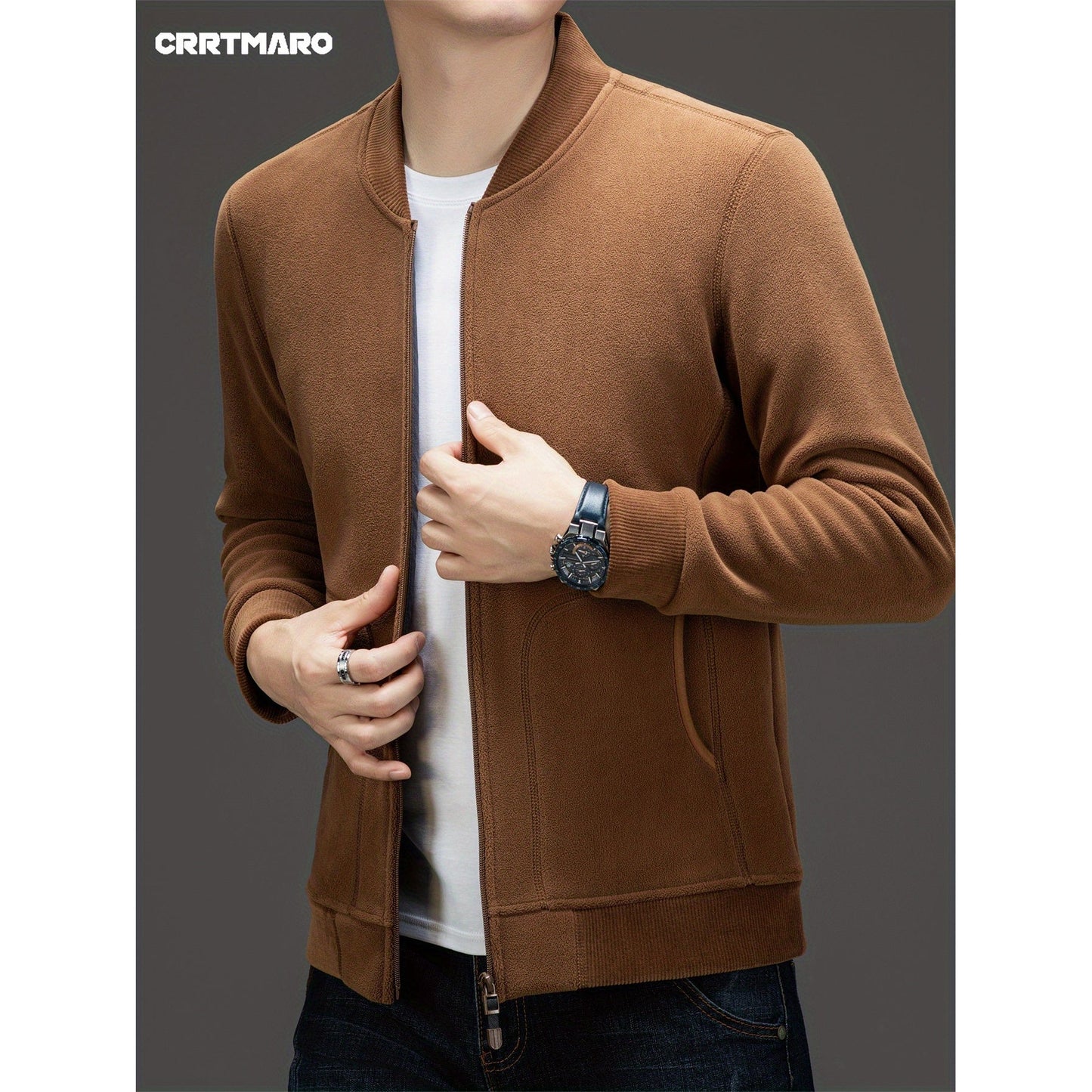 Men's Solid Jacket With Pockets, Casual Baseball Collar Zip Up Long Sleeve Outwear For Outdoor