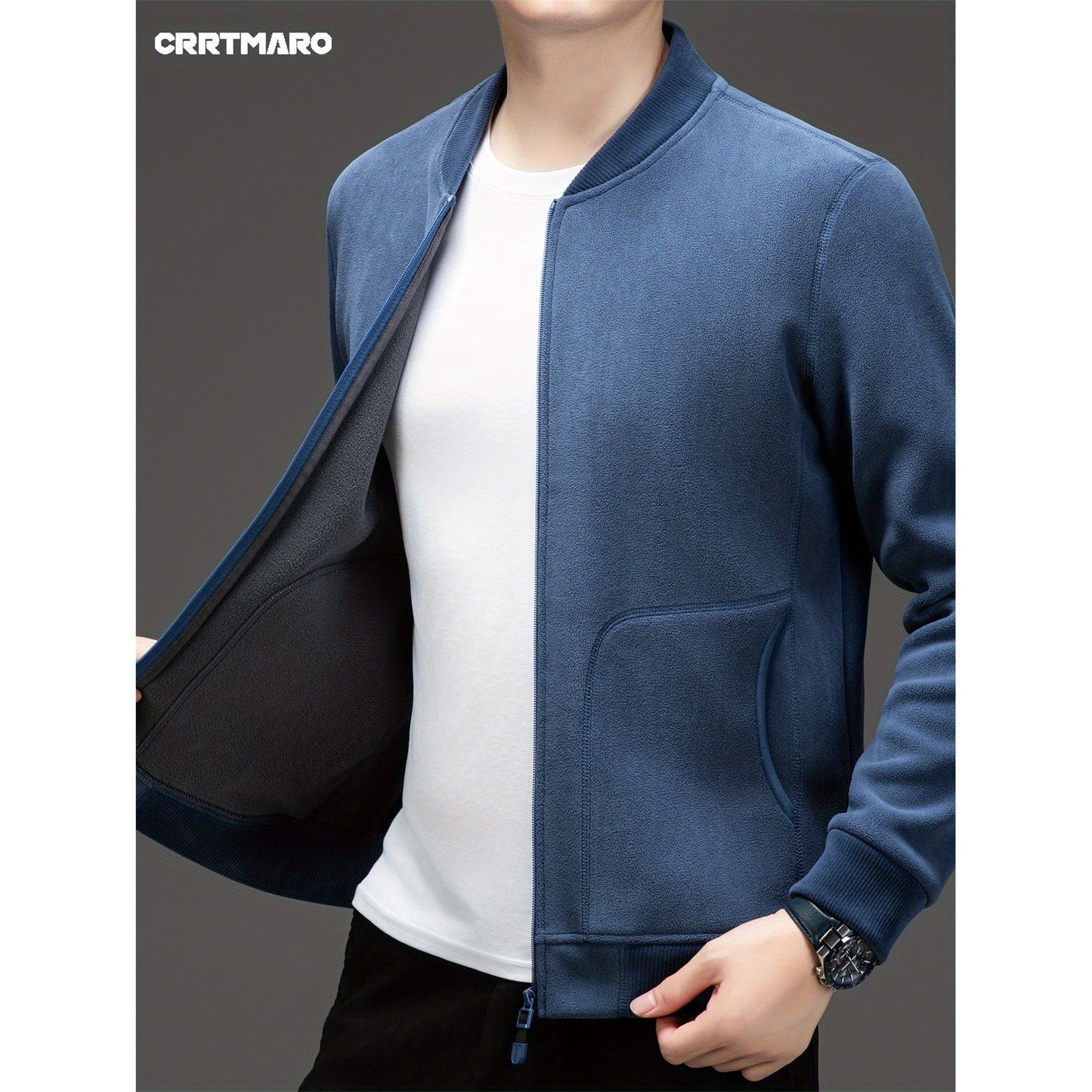 Men's Solid Jacket With Pockets, Casual Baseball Collar Zip Up Long Sleeve Outwear For Outdoor