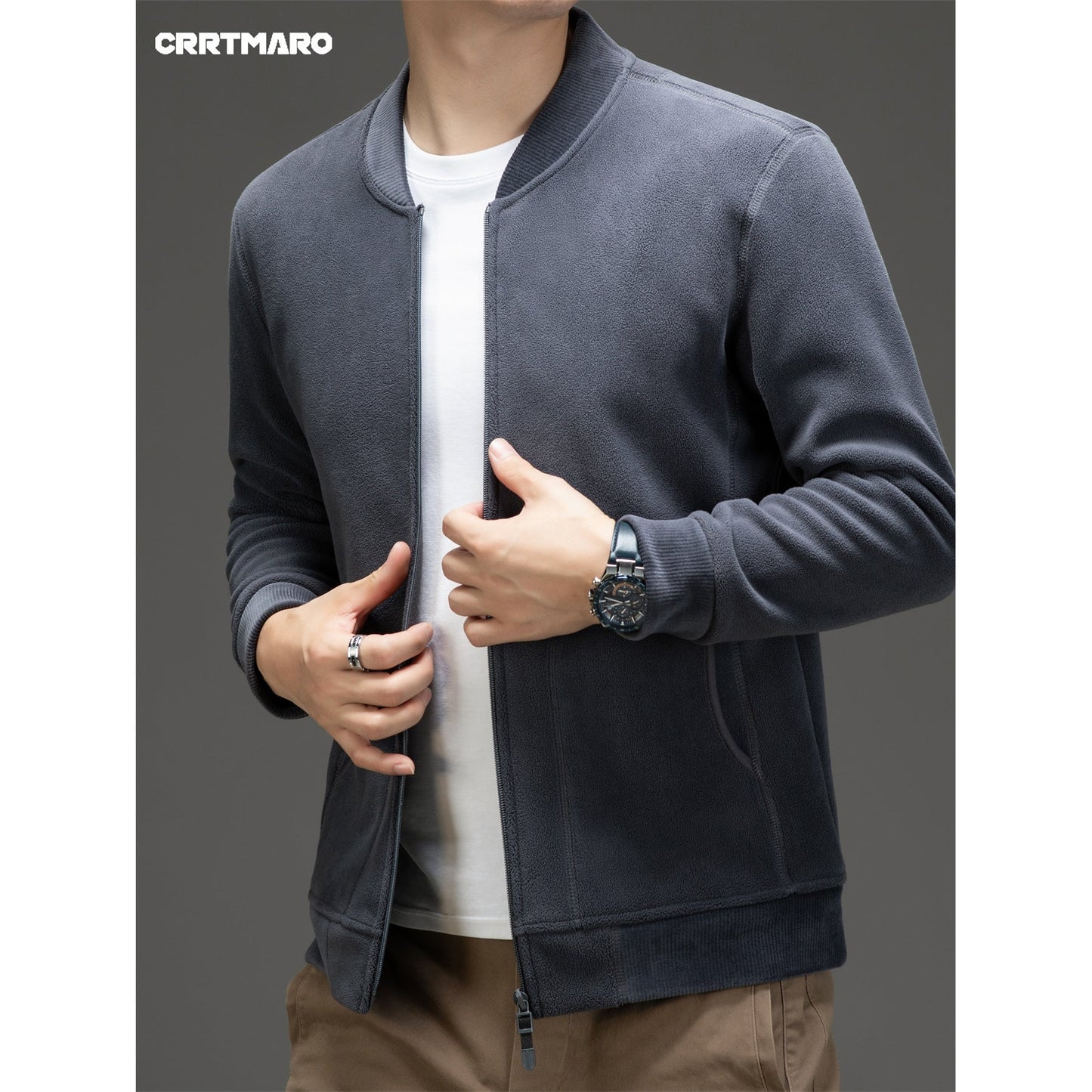 Men's Solid Jacket With Pockets, Casual Baseball Collar Zip Up Long Sleeve Outwear For Outdoor