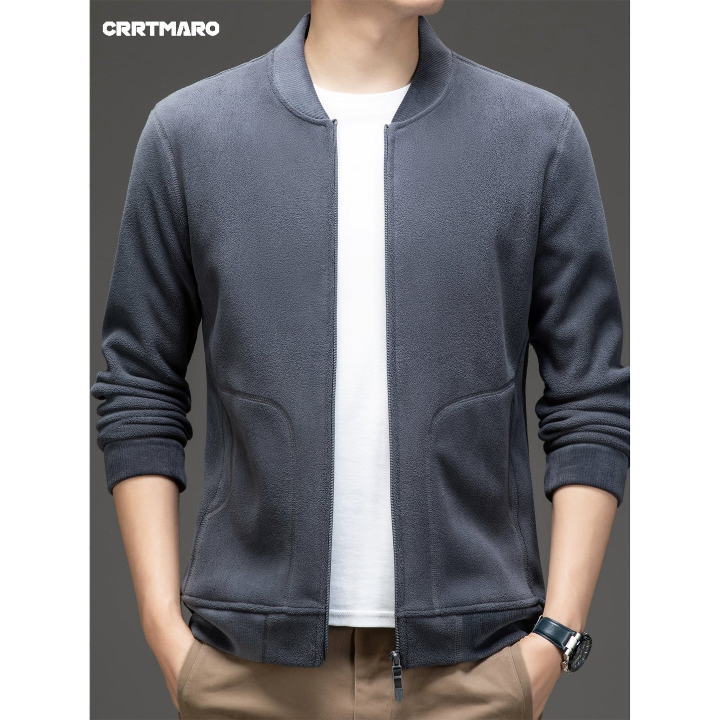 Men's Solid Jacket With Pockets, Casual Baseball Collar Zip Up Long Sleeve Outwear For Outdoor