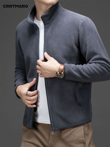 Men's Loose Solid Jacket With Pockets, Casual Stand Collar Zip Up Long Sleeve