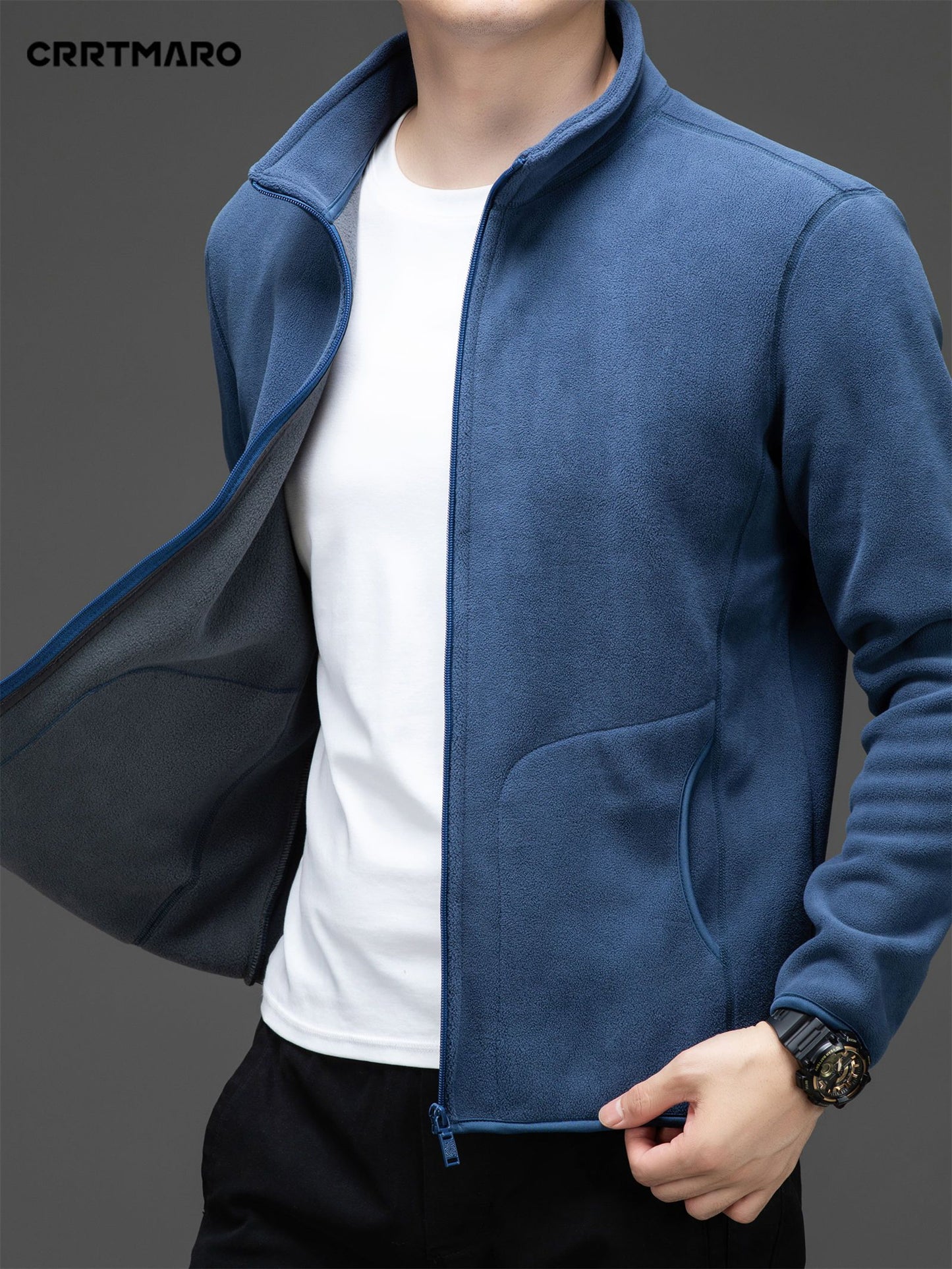 Men's Loose Solid Jacket With Pockets, Casual Stand Collar Zip Up Long Sleeve Outwear For Outdoor