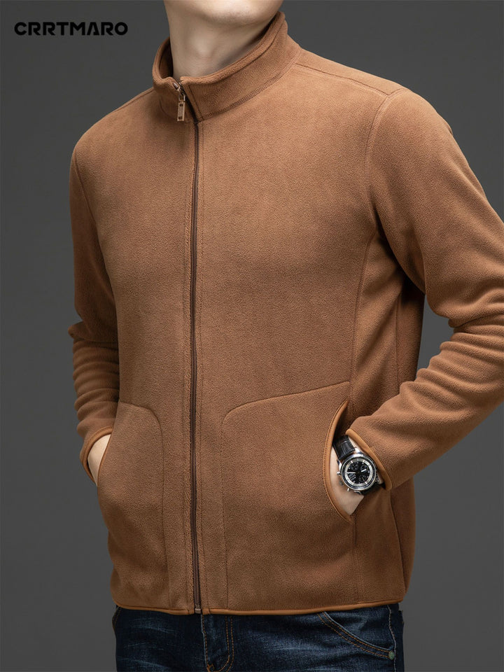 Men's Loose Solid Jacket With Pockets, Casual Stand Collar Zip Up Long Sleeve