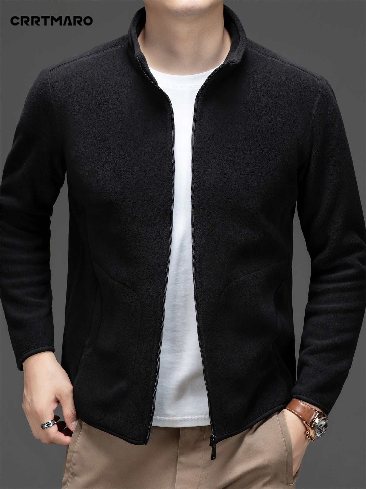 Men's Loose Solid Jacket With Pockets, Casual Stand Collar Zip Up Long Sleeve Outwear For Outdoor