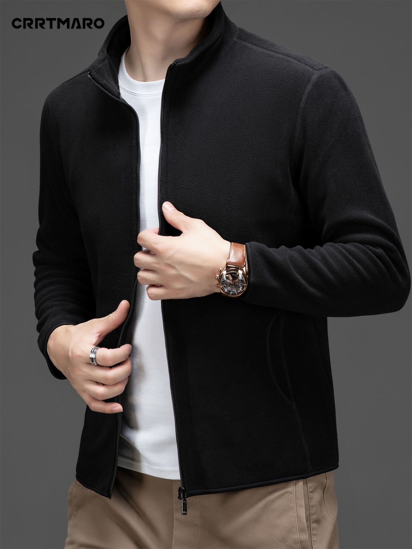 Men's Loose Solid Jacket With Pockets, Casual Stand Collar Zip Up Long Sleeve Outwear For Outdoor