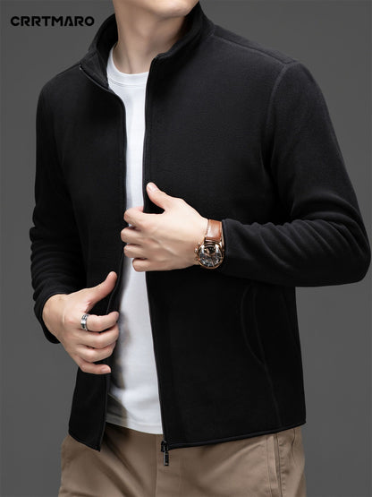 Men's Loose Solid Jacket With Pockets, Casual Stand Collar Zip Up Long Sleeve Outwear For Outdoor