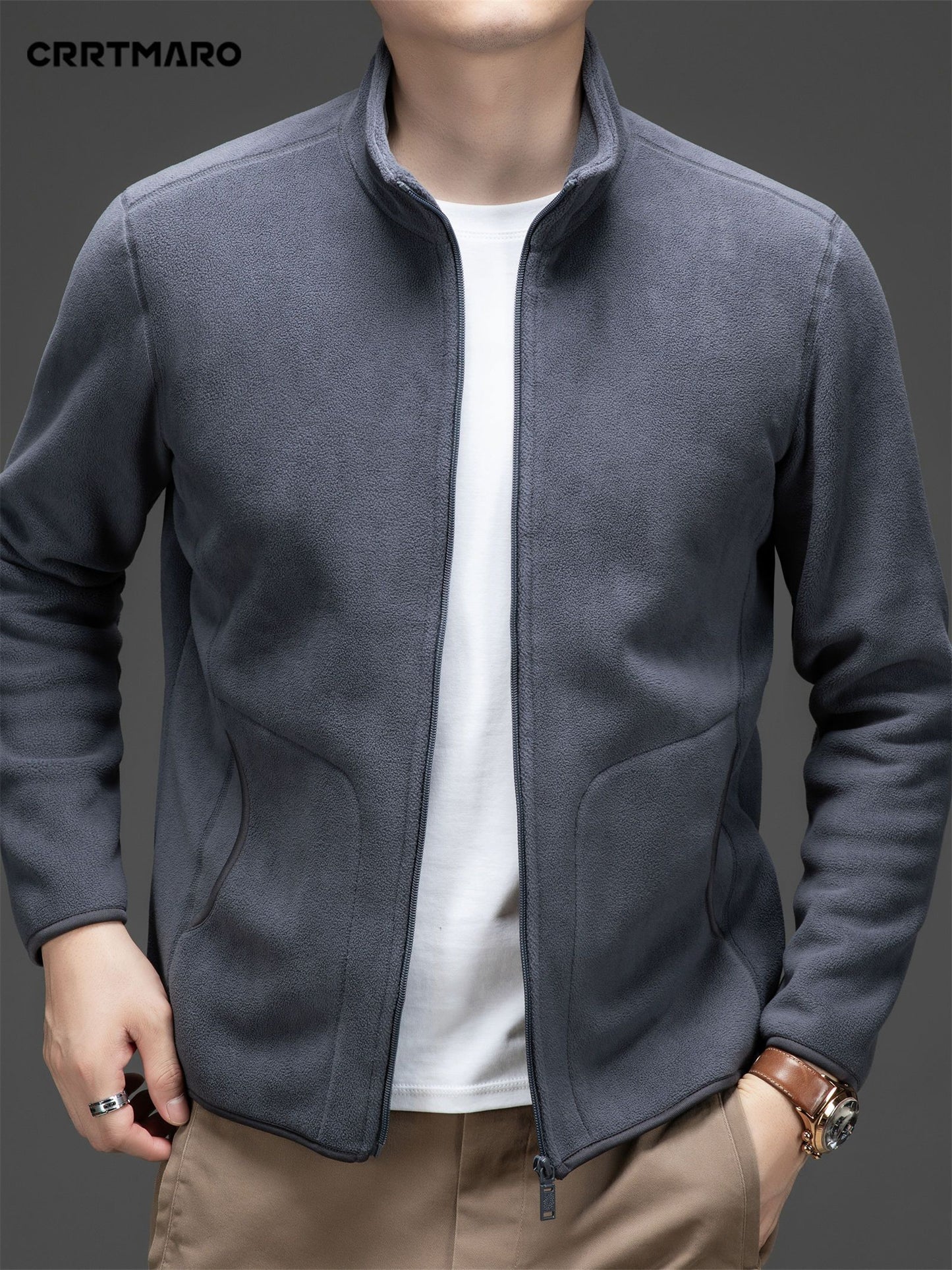 Men's Loose Solid Jacket With Pockets, Casual Stand Collar Zip Up Long Sleeve Outwear For Outdoor