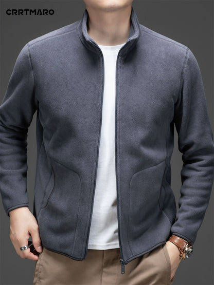 Men's Loose Solid Jacket With Pockets, Casual Stand Collar Zip Up Long Sleeve Outwear For Outdoor