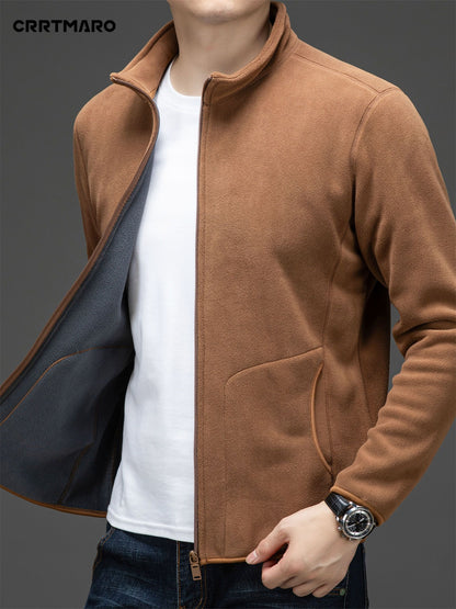 Men's Loose Solid Jacket With Pockets, Casual Stand Collar Zip Up Long Sleeve Outwear For Outdoor