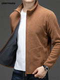 Men's Loose Solid Jacket With Pockets, Casual Stand Collar Zip Up Long Sleeve