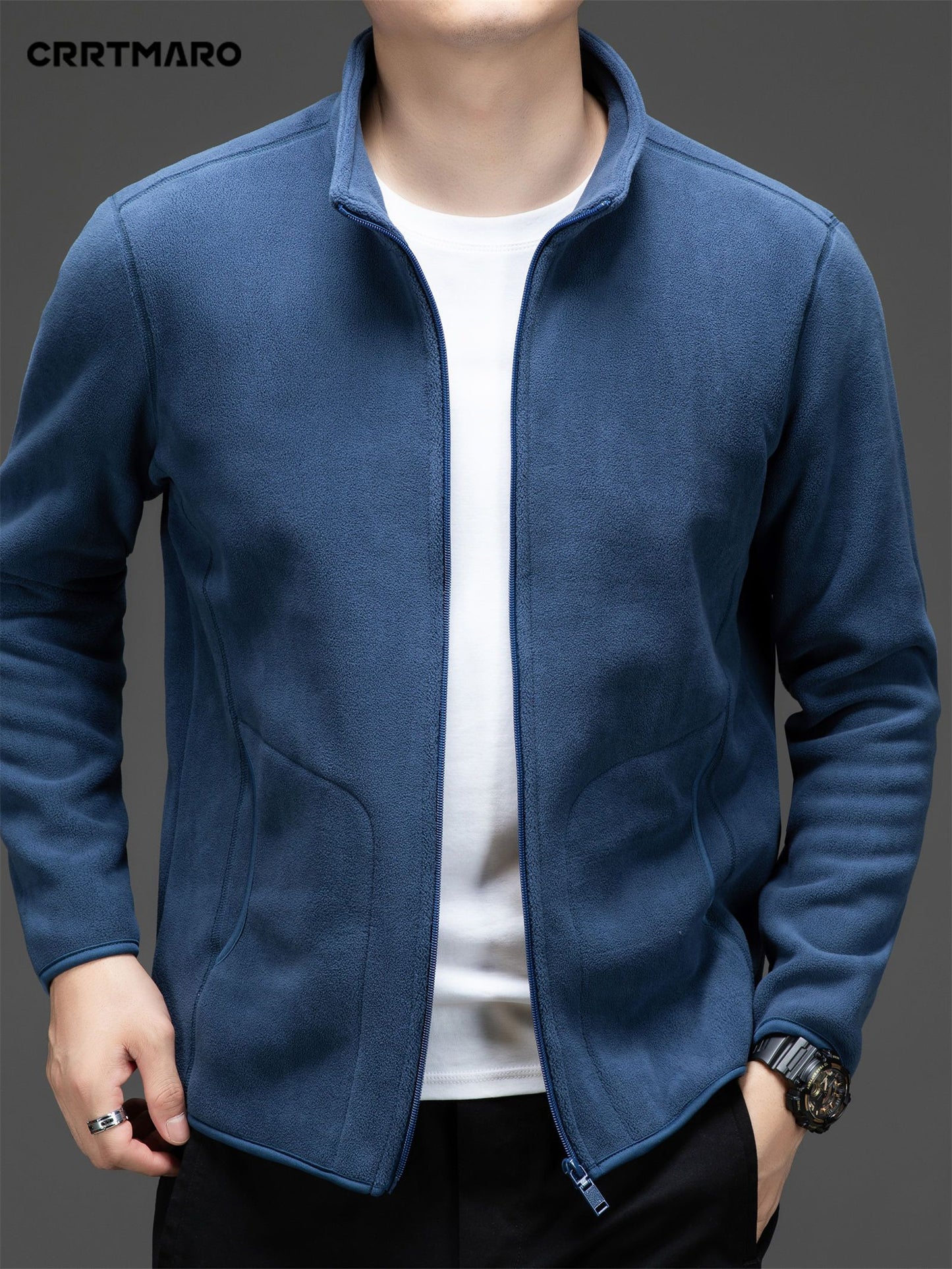 Men's Loose Solid Jacket With Pockets, Casual Stand Collar Zip Up Long Sleeve Outwear For Outdoor