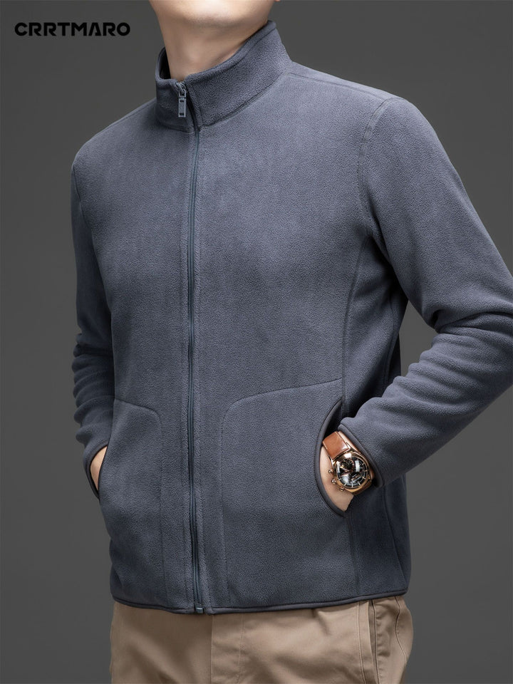 Men's Loose Solid Jacket With Pockets, Casual Stand Collar Zip Up Long Sleeve