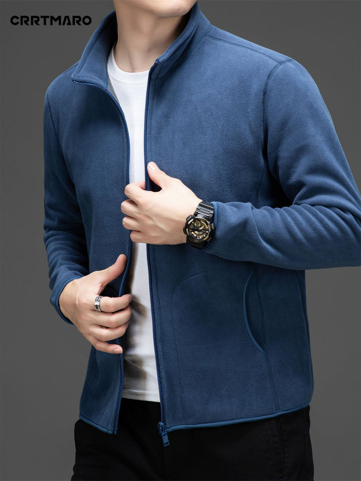 Men's Loose Solid Jacket With Pockets, Casual Stand Collar Zip Up Long Sleeve