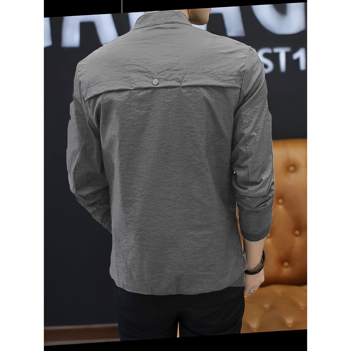 Men's Casual Polyester Stand Collar Jacket - Spring/Autumn Skinny Fit Solid Color