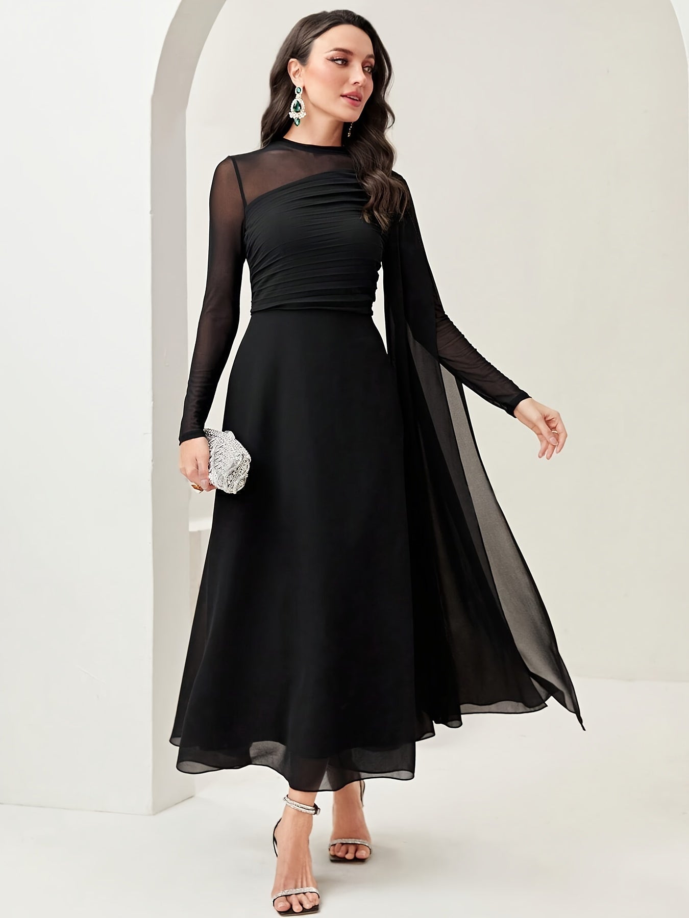 Ruched Asymmetrical Crew Neck Swing Dress, Elegant Long Sleeve