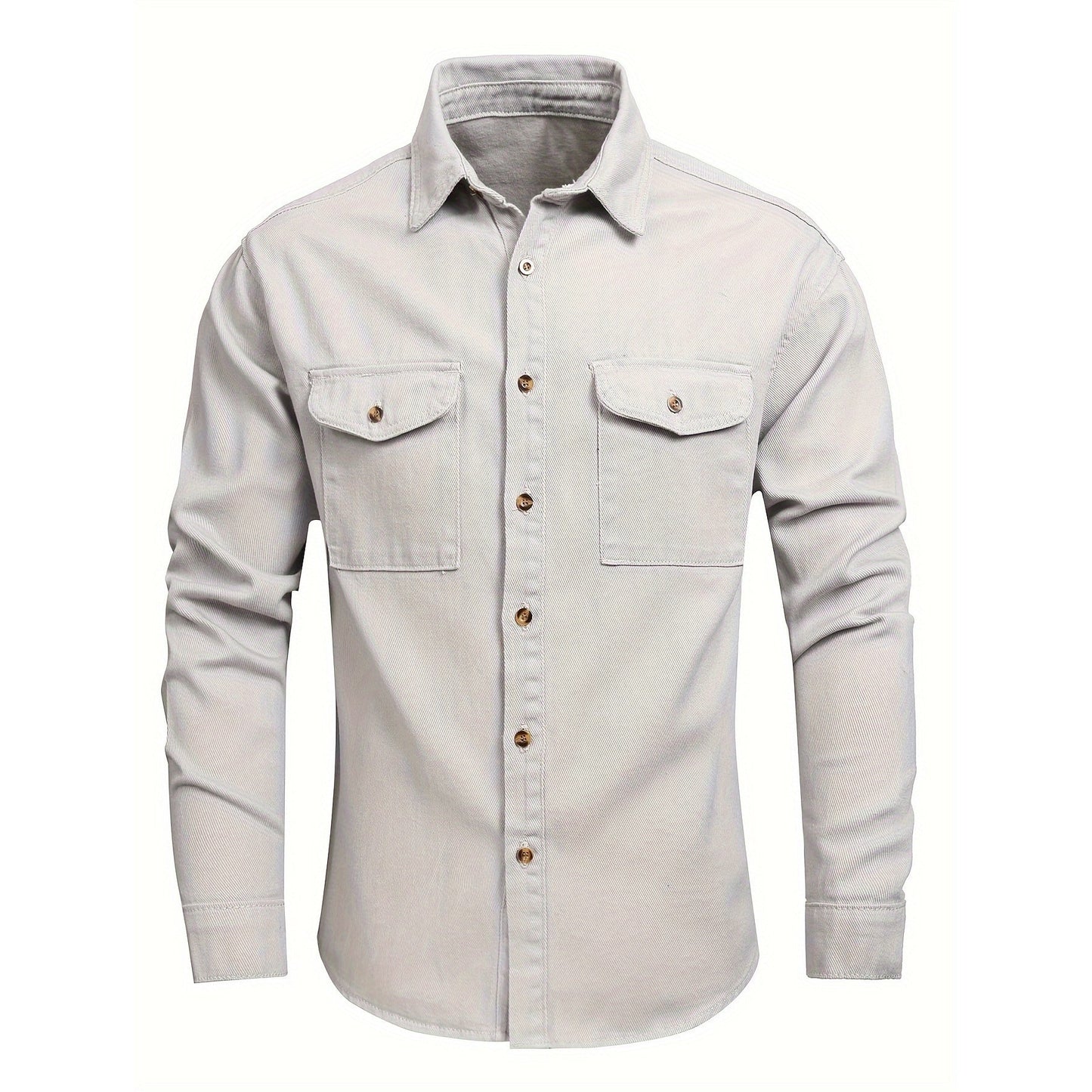 Men's Casual Cotton Long Sleeve Jacket Shirt With Pockets - Retro Slim Fit Button-Down Non-Stretch Coat