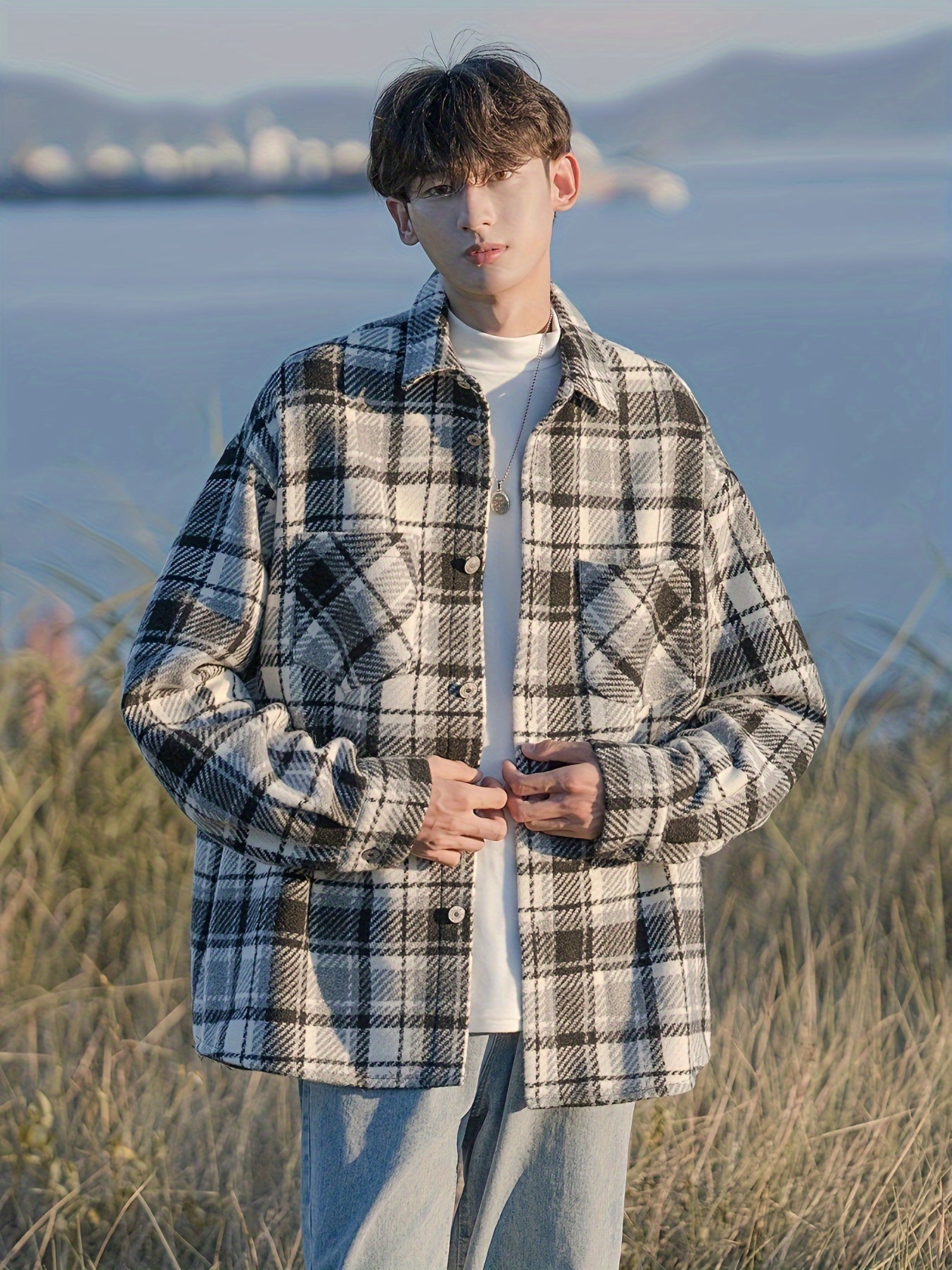 [Temujin & Artsman] Plaid Shirt Men'S Spring And Autumn Japanese Style Lapel Jacket Autumn Men'S Woolen Coat Men'S