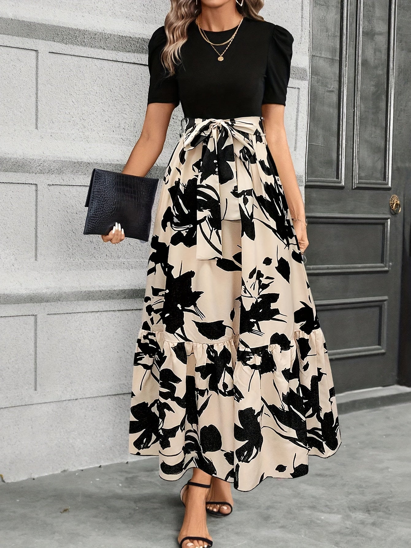 Floral Print Crew Neck Dress, Elegant Short Sleeve Tie Waist