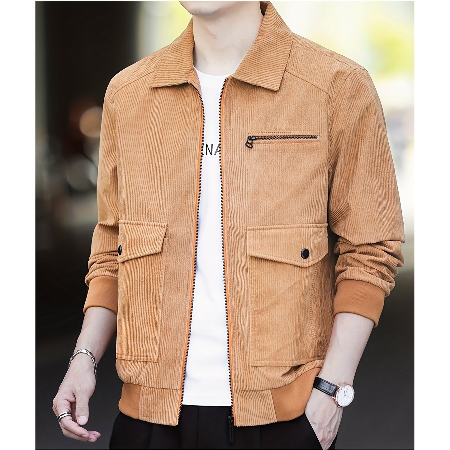 Men's Casual Flap Pocket Jacket, Chic Corduroy Lapel Jacket