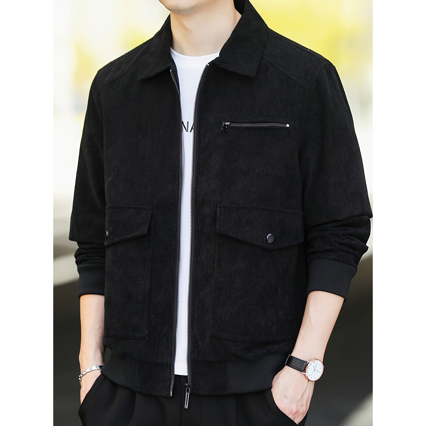 Men's Casual Flap Pocket Jacket, Chic Corduroy Lapel Jacket