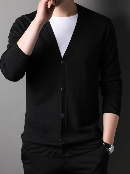 Men's Casual Knit Cardigan - Solid Color, Button-Up V-Neck Jacket For Fall/Winter, Machine Washable