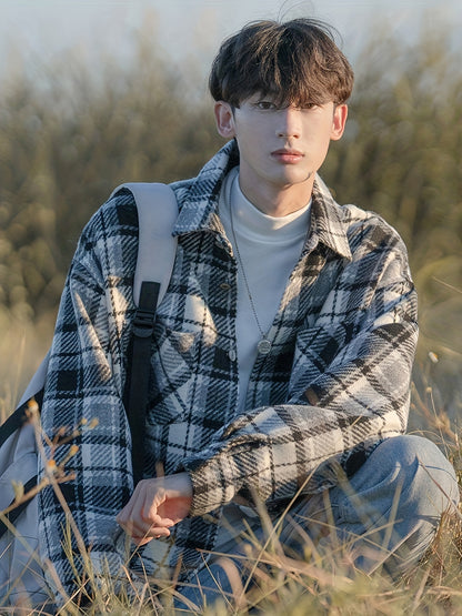 [Temujin & Artsman] Plaid Shirt Men'S Spring And Autumn Japanese Style Lapel Jacket Autumn Men'S Woolen Coat Men'S