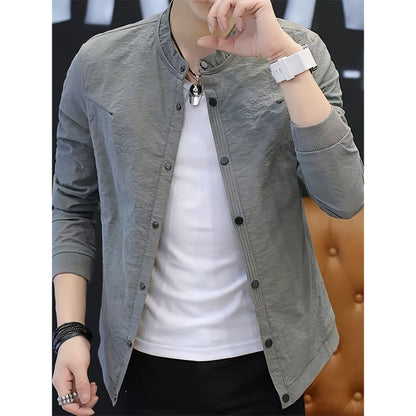 Men's Casual Polyester Stand Collar Jacket - Spring/Autumn Skinny Fit Solid Color