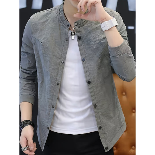 Men's Casual Polyester Stand Collar Jacket - Spring/Autumn Skinny Fit Solid Color