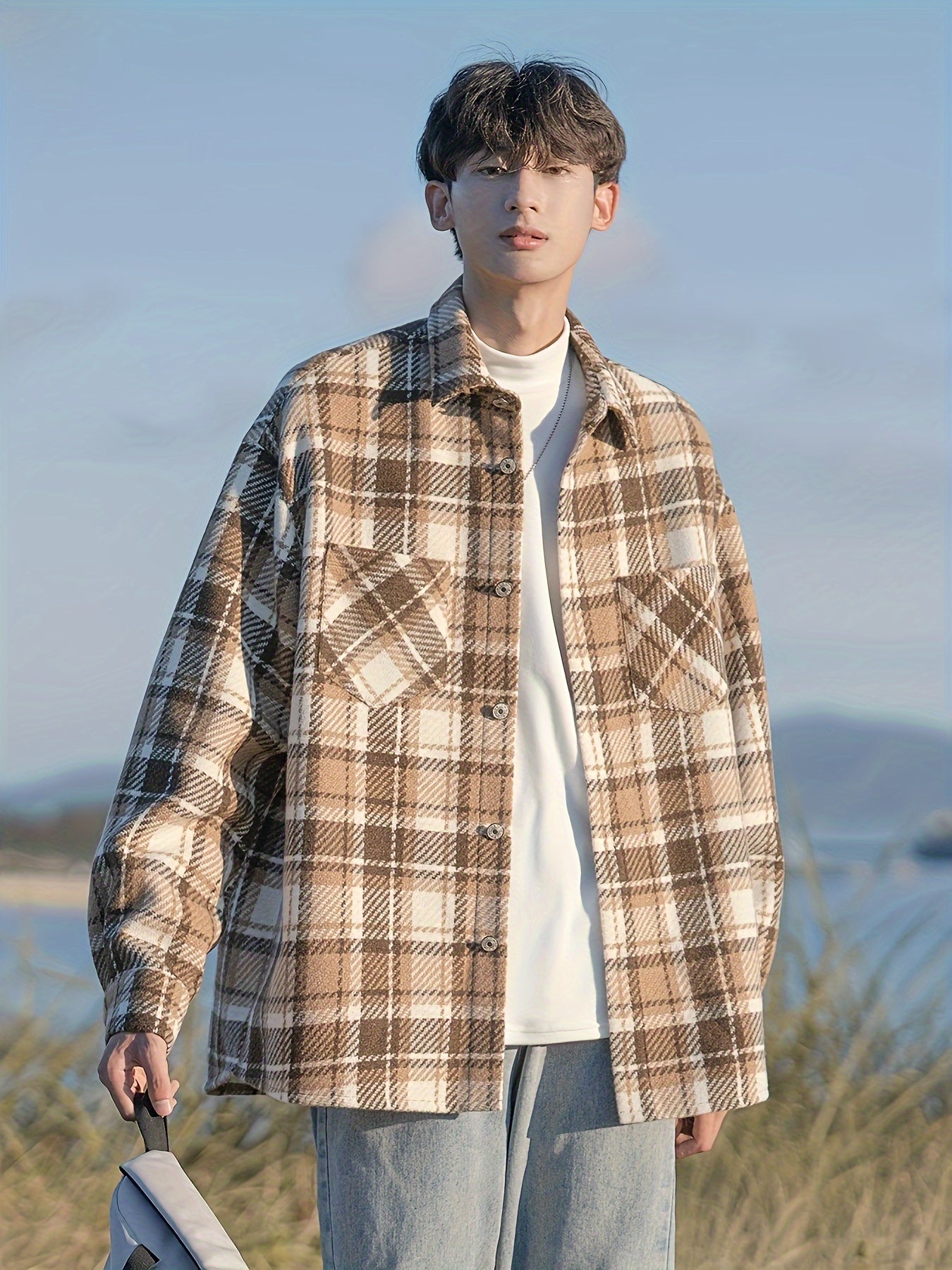 [Temujin & Artsman] Plaid Shirt Men'S Spring And Autumn Japanese Style Lapel Jacket Autumn Men'S Woolen Coat Men'S