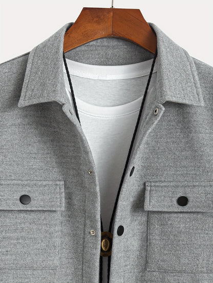 Men's Solid Coat Shirt, Long Sleeve Button Up Lapel Collar Shirt Jacket