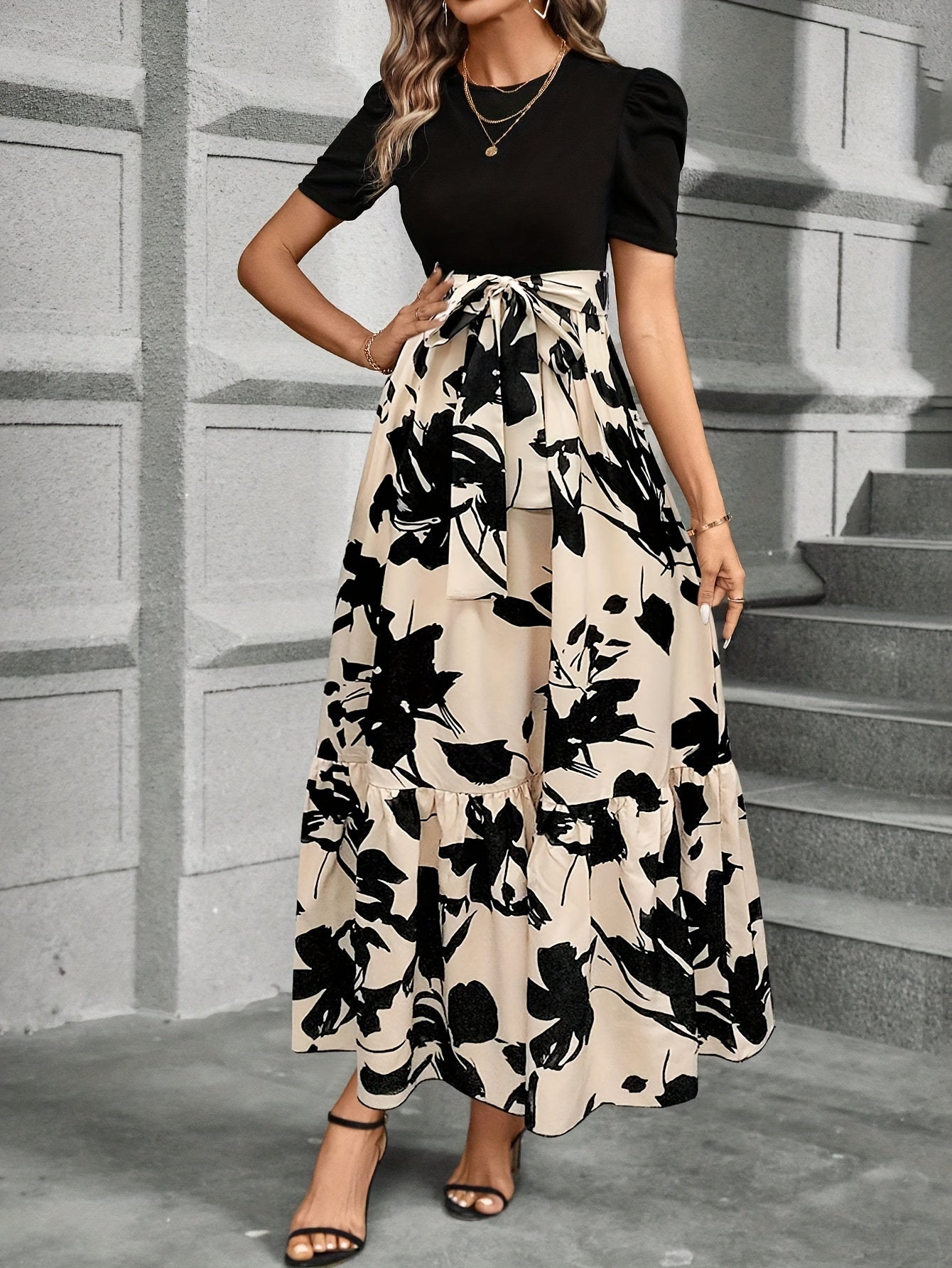 Floral Print Crew Neck Dress, Elegant Short Sleeve Tie Waist