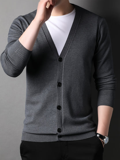 Men's Casual Knit Cardigan - Solid Color, Button-Up V-Neck Jacket For Fall/Winter, Machine Washable