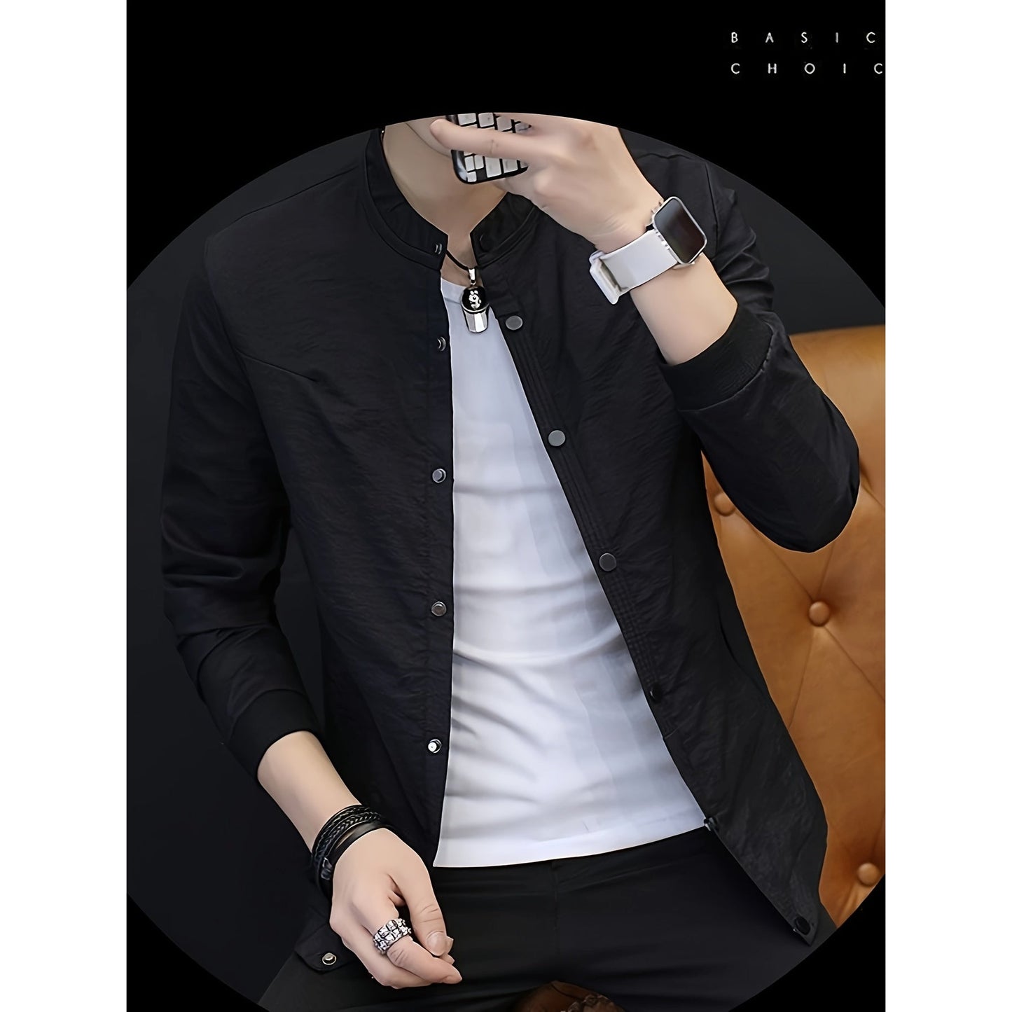 Men's Casual Polyester Stand Collar Jacket - Spring/Autumn Skinny Fit Solid Color