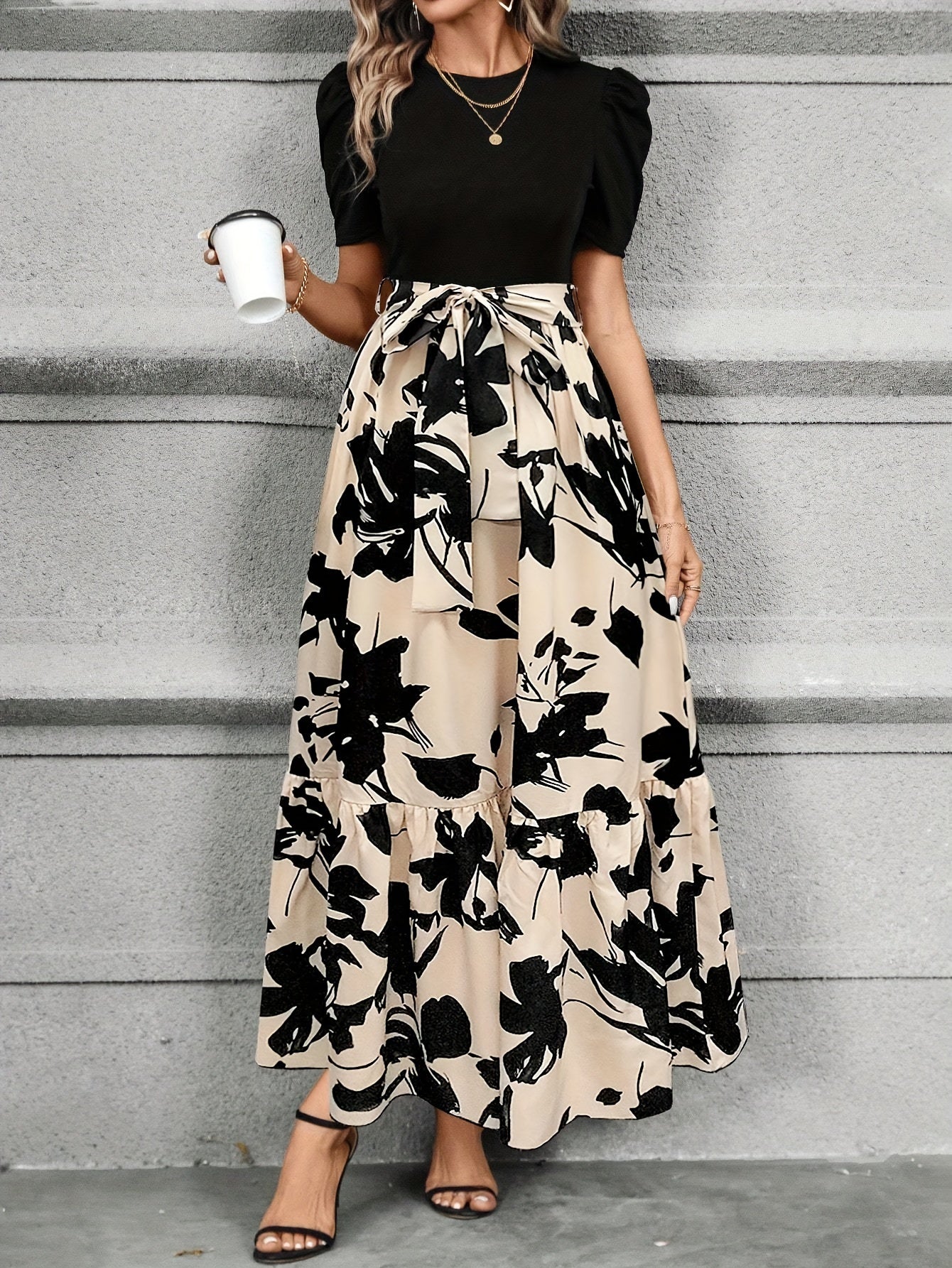 Floral Print Crew Neck Dress, Elegant Short Sleeve Tie Waist