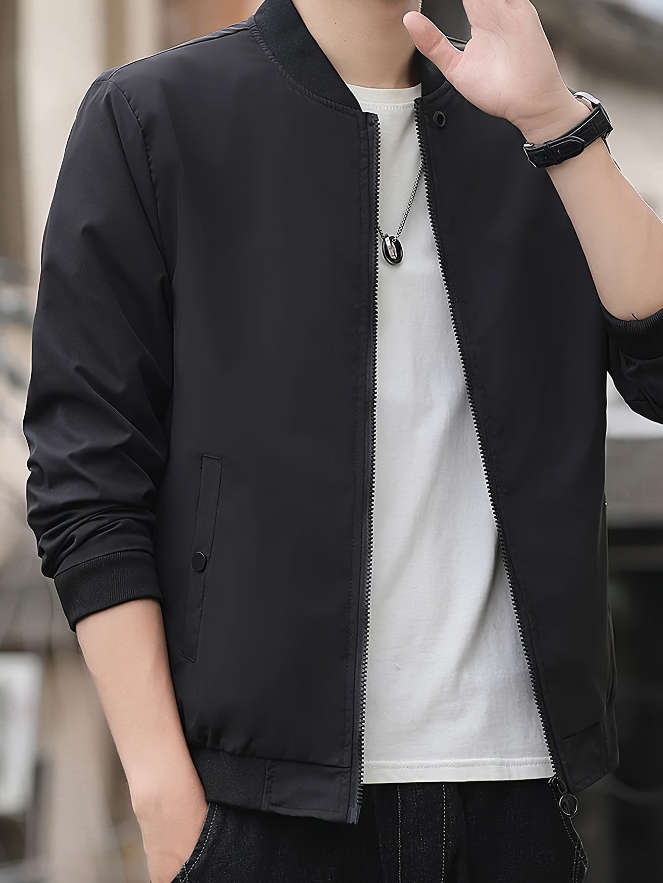 Men's Solid Band Collar Jacket For Spring Fall, Business Stylish Outwear For Work Day