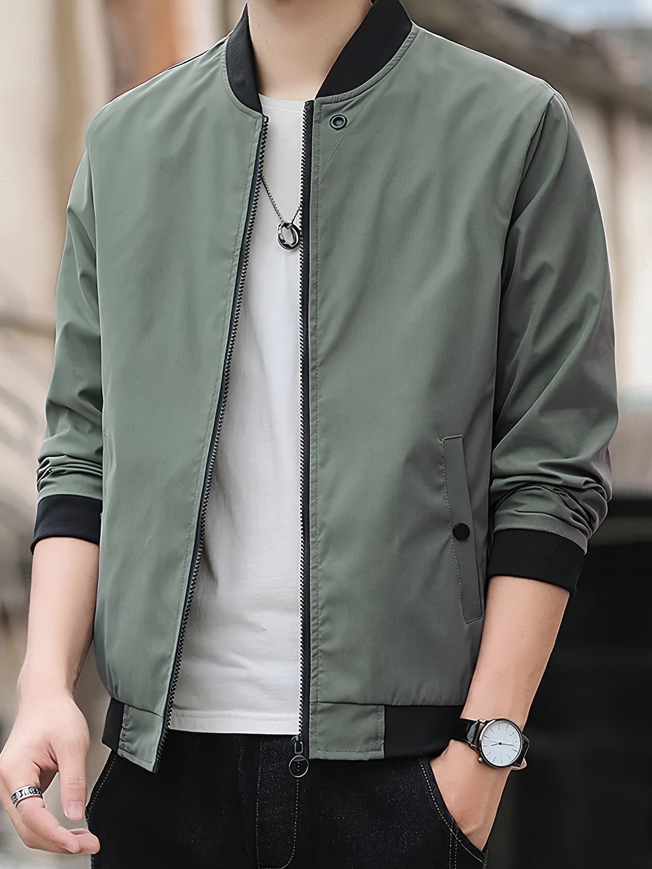 Men's Solid Band Collar Jacket For Spring Fall, Business Stylish Outwear For Work Day