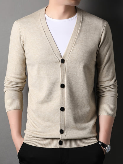 Men's Casual Knit Cardigan - Solid Color, Button-Up V-Neck Jacket For Fall/Winter, Machine Washable