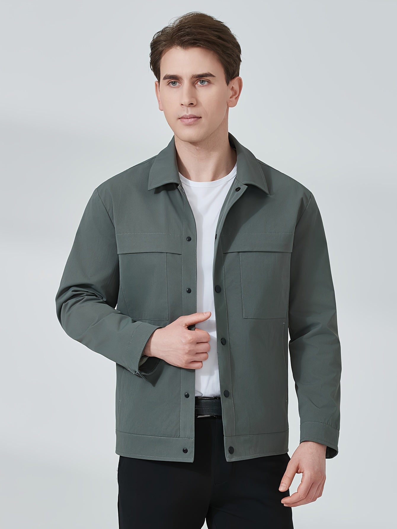 Men's Solid Jacket With Pockets, Casual Button Up Lapel Long Sleeve Jacket For Outdoor