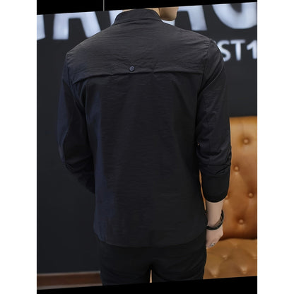 Men's Casual Polyester Stand Collar Jacket - Spring/Autumn Skinny Fit Solid Color