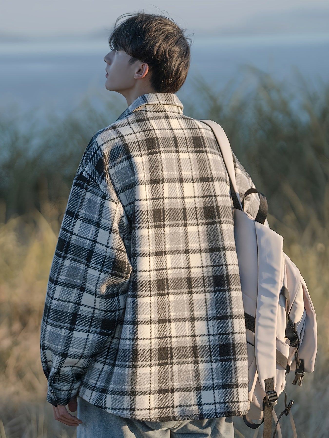 [Temujin & Artsman] Plaid Shirt Men'S Spring And Autumn Japanese Style Lapel Jacket Autumn Men'S Woolen Coat Men'S