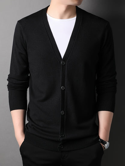 Men's Casual Knit Cardigan - Solid Color, Button-Up V-Neck Jacket For Fall/Winter, Machine Washable