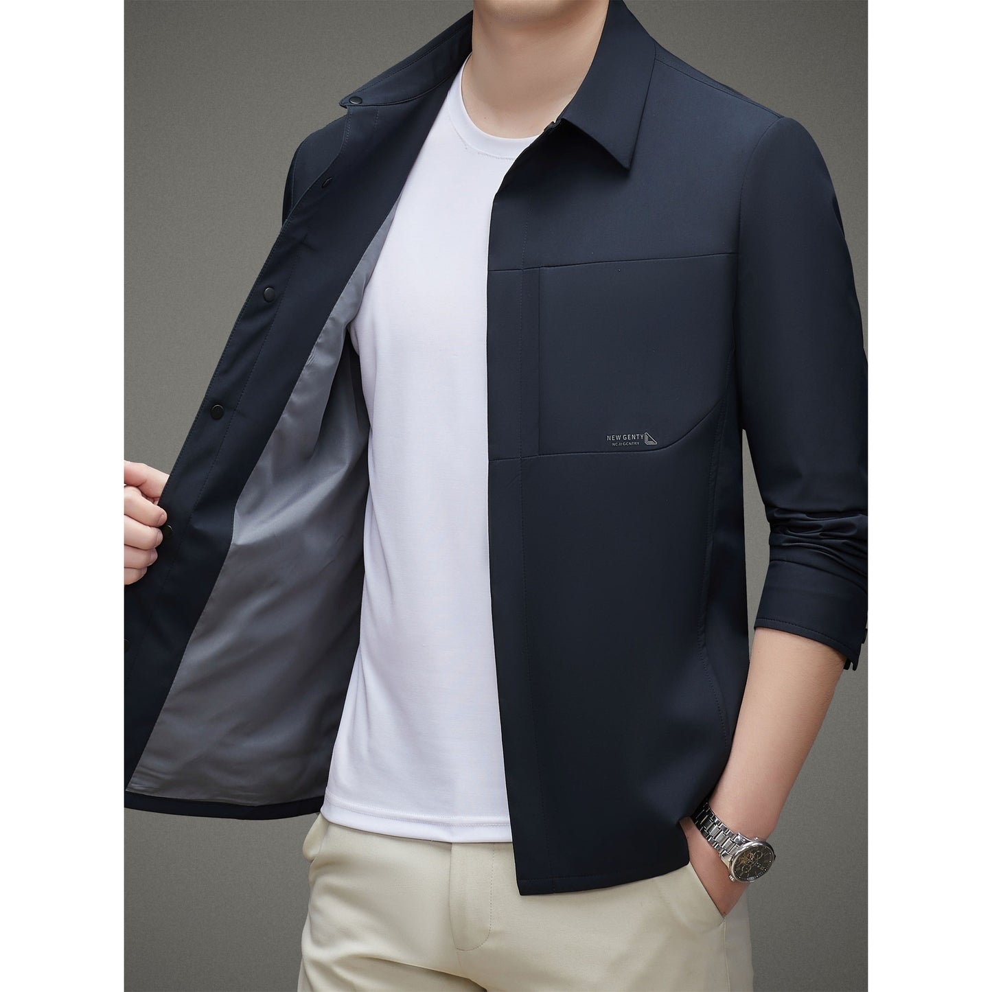 Men's Solid Jacket, Formal Lapel Zip Up Long Sleeve Outwear For Spring Fall