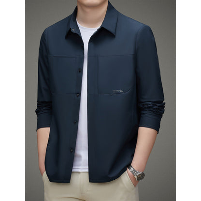 Men's Solid Jacket, Formal Lapel Zip Up Long Sleeve Outwear For Spring Fall